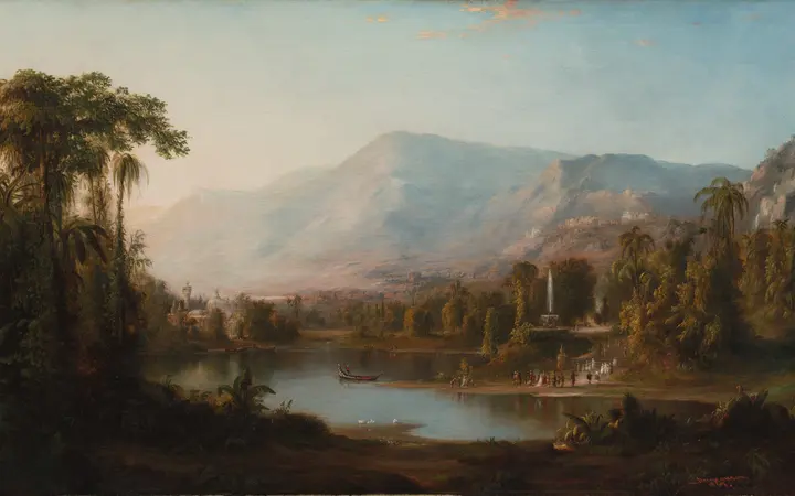Panoramski pejzaž doline Kašmira s nježnim zelenim i plavim bojama u ulju na platnu Roberta S. Duncansona. oil on canvas — Robert S. Duncanson, 1867.
