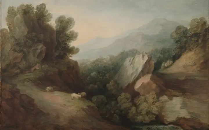Razvedeni krajolik s livadom, stijenama i drvećem u nježnim tonovima ulja na platnu Thomasa Gainsborougha. oil on canvas — Thomas Gainsborough, 1782–1783.