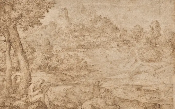 Crtež pera i smeđe tinte prikazuje Svetog Jeronima u pejzažu s drvećem i prirodnim elementima Domenica Campagnole. pen and brown ink — Domenico Campagnola, 1530.