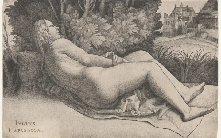 Gravura Giulija Campagnole prikazuje Veneru u krajoliku s detaljnim sjenčanjima točkama i potezima tinte. engraving — Giulio Campagnola, 1508–9.
