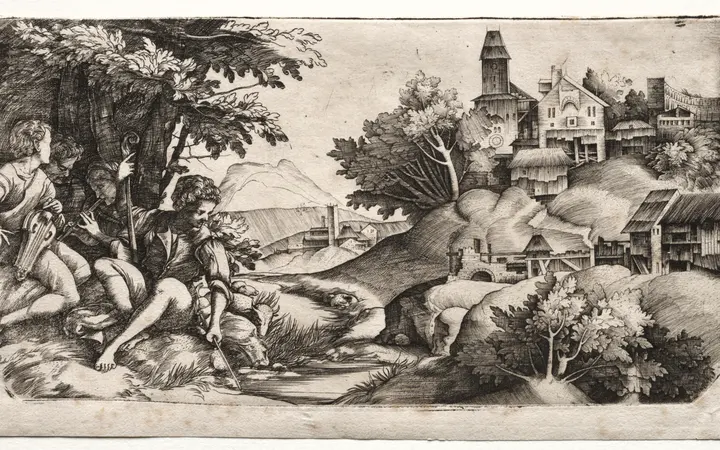 Skupina pastira sjedi u idiličnom krajoliku s mekim svjetlom koje naglašava prirodnu atmosferu. engraving — Giulio Campagnola, 1517.