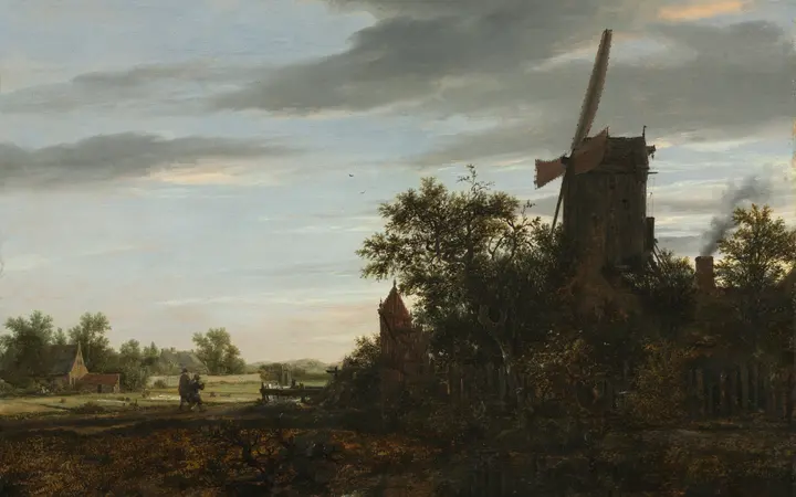 Mladi umjetnik prikazuje krajolik s vjetrenjačom u daljini, obasjan toplim i prirodnim svjetlom. oil on wood — Jacob van Ruisdael, 1646.
