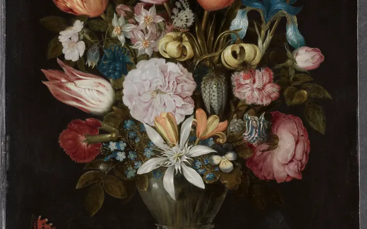 Cvijeće smješteno u staklenoj posudi s detaljima i nježnim bojama na bakrenoj podlozi. oil on copper — Ambrosius Bosschaert, 1606.