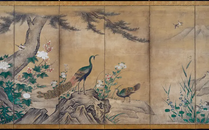 Sezonski krajolik s cvjetanjem šljive u proljeće i završetkom u jesenskom tonu s pticama i cvijećem. One of a pair of six-panel folding screens; ink, color, and gold on paper — Kano Mitsunobu, 1500.