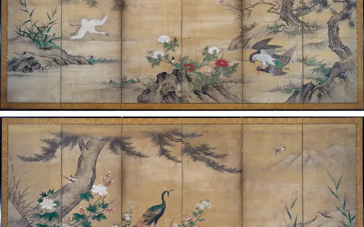 Sezonski krajolik s cvjetanjem šljive u proljeće i završetkom u jesenskom tonu s pticama i cvijećem. Pair of six-panel folding screens; ink, color, and gold on paper — Kano Mitsunobu, 1500.