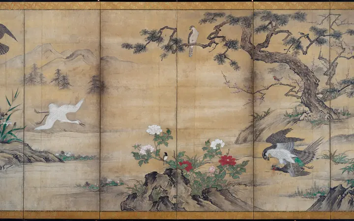 Sezonski krajolik s cvjetanjem šljive u proljeće i završetkom u jesenskom tonu s pticama i cvijećem. One of a pair of six-panel folding screens; ink, color, and gold on paper — Kano Shōei, 1500.