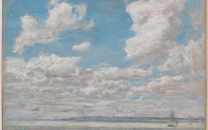 Pastelni crtež prikazuje morski krajolik s prostranim nebom u nježnim sivim i plavim tonovima. pastel on gray wove paper mounted on thin paperboard — Eugène Boudin, 1860.