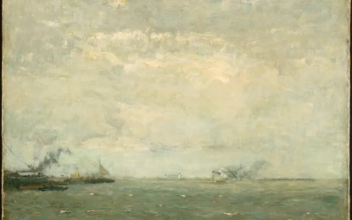 Ulje na platnu prikazuje mirno more i obalu u prirodnim plavim i zelenim nijansama. oil on canvas — Henry Ward Ranger, 1892.