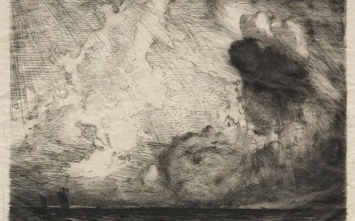 Grafika prikazuje morski pejzaž s naglašenim valovima i obalom u crno-bijelim tonovima. etching — Auguste Louis Lepère, 1911.