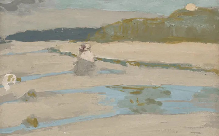 Crtež prikazuje pješčanu plažu u francuskom priobalnom mjestu s mekim i toplim bojama. distemper on paper, laid down on canvas — Édouard Vuillard, 1909.
