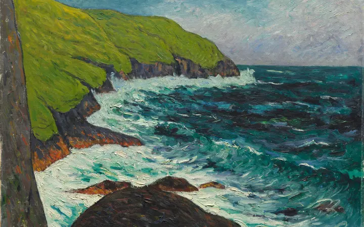 Ulje na tkanini prikazuje stjenovitu obalu s dramatičnim obrisima i prirodnim svjetlom. oil on fabric — Maxime Maufra, 1895.