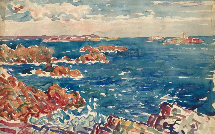 Vodene boje prikazuju stjenovitu obalu s naglaskom na živost boja i brzinu izvođenja. watercolor with traces of graphite — Maurice Prendergast, 1907–10.