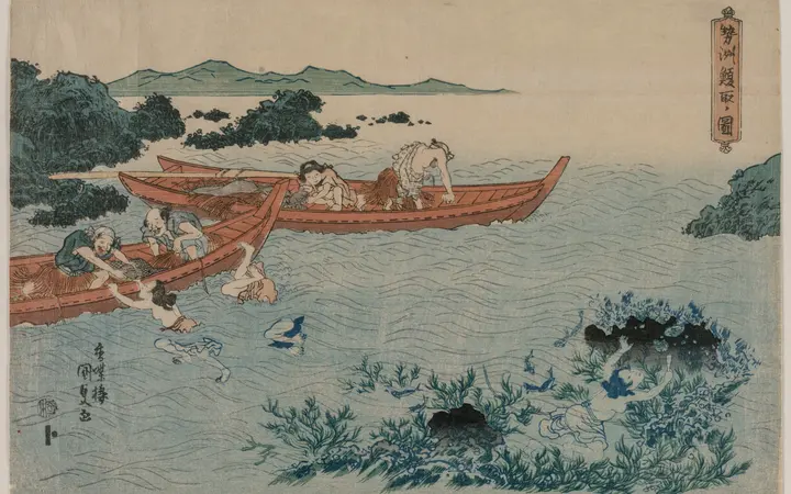 Scena ronilaca za abalonama uz obalu Ise s naglaskom na plavetnilo mora i tradicionalni japanski stil drvoreza u boji. color woodblock print — Utagawa Kunisada, 1830.