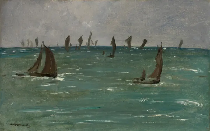 Prikaz mirno usidrenih čamaca uz obalu ujutro s mekim svjetlom i nježnim tonovima plave i smeđe boje. oil on fabric — Édouard Manet, 1873.
