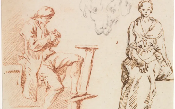 Crteži različitih figura uključuju sjedećeg muškarca, glavu psa i ženu u sjedećem položaju, izvedeni u crvenom i crnom ugljenu te tušu. red chalk (seated man); black chalk (head of a dog); pen and brown ink over black chalk (seated woman) — Claude-Joseph Vernet, 1700.